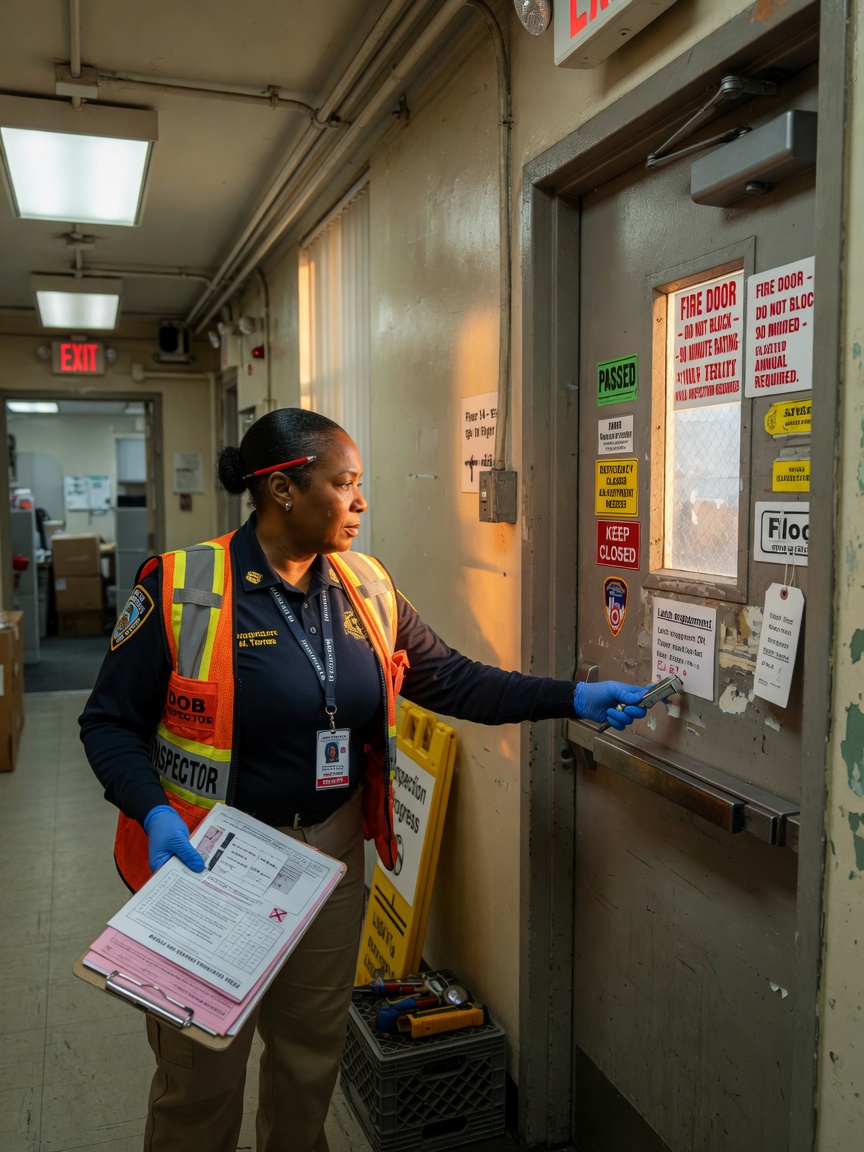 Ultra-detailed 8K image of NYC Department of Buildings inspector examining a commercial fire door during inspection, clipboard in hand, official uniform, midtown Manhattan building interior