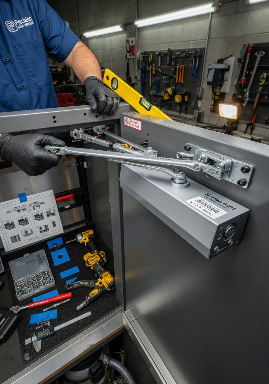 Ultra-realistic 8K photo of a modern commercial door closer mechanism being professionally installed by a technician, tools visible, precise engineering focus, workshop lighting