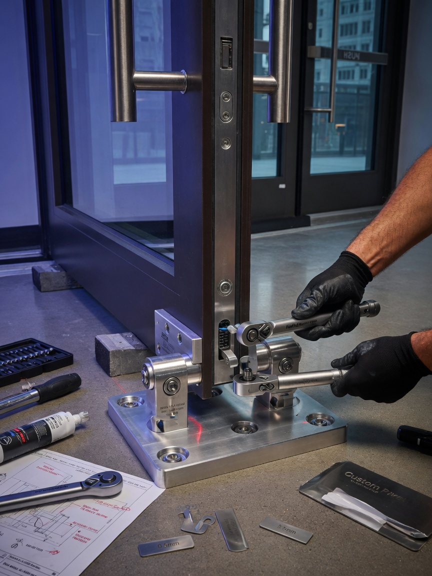 Custom pivot door hardware installation on heavy commercial aluminum entrance door, stainless steel components, precision engineering visible, technical installation photography with tools and craftsman hands