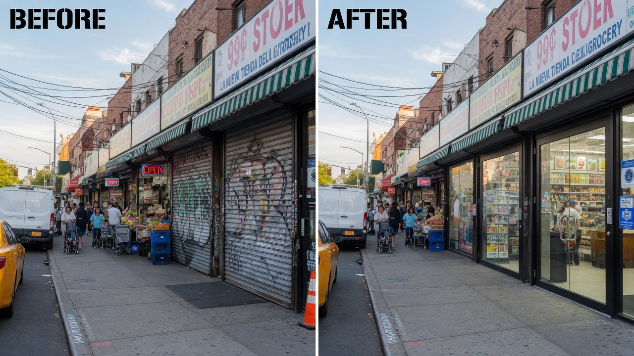 Ultra-realistic 8K wide-angle view of a commercial street in Queens before and after transparent gate installation, split image comparison, daytime lighting