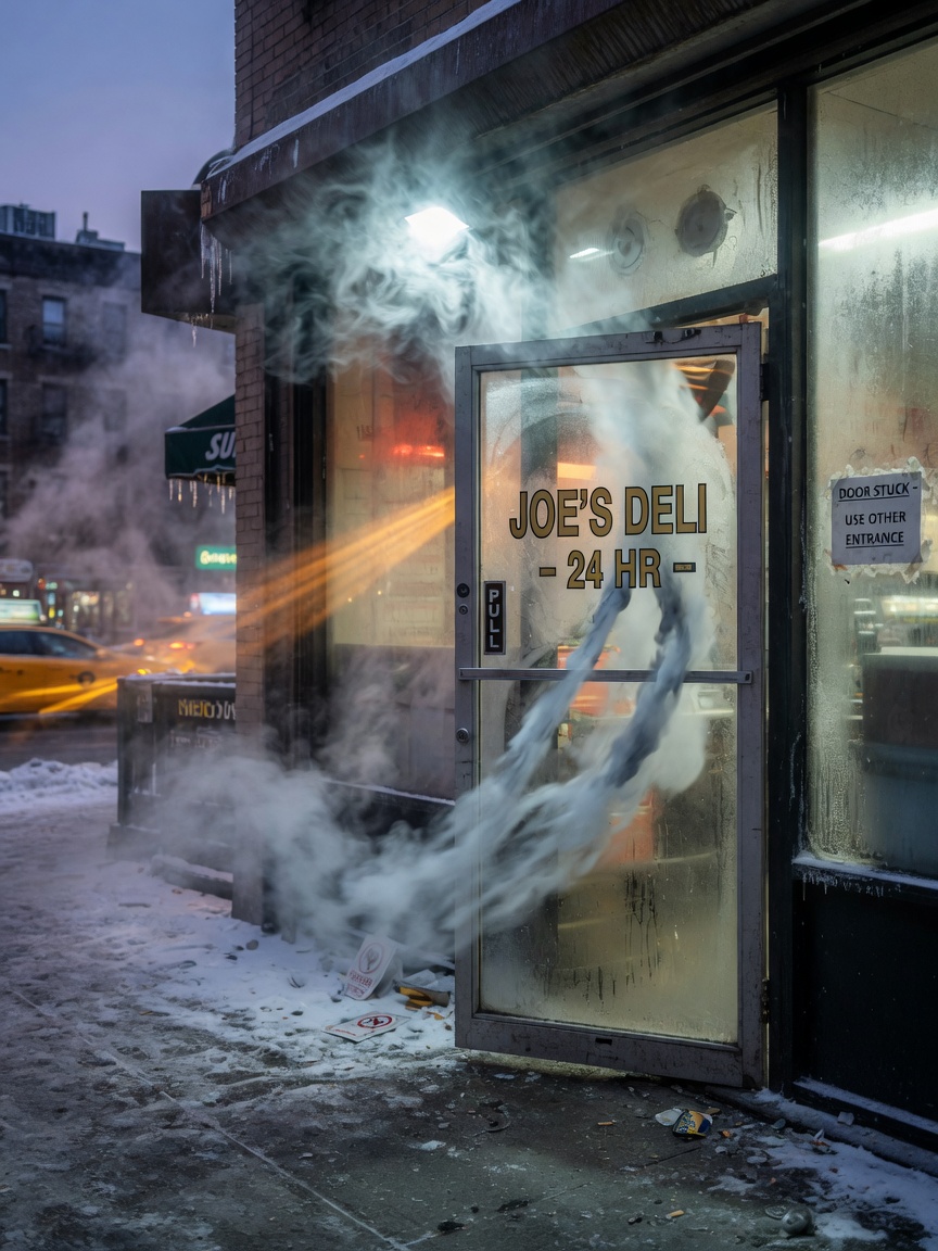 8K realistic photograph showing poor commercial door alignment with dramatic air leakage visualization using smoke test, cold winter day in New York City, energy loss concept