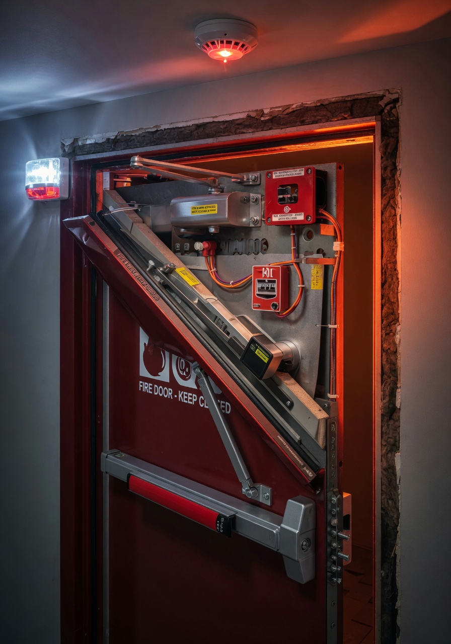Cinematic 8K image of fire-rated commercial door assembly with smoke seals and automatic closing device integrated with building fire alarm system, technical cutaway view