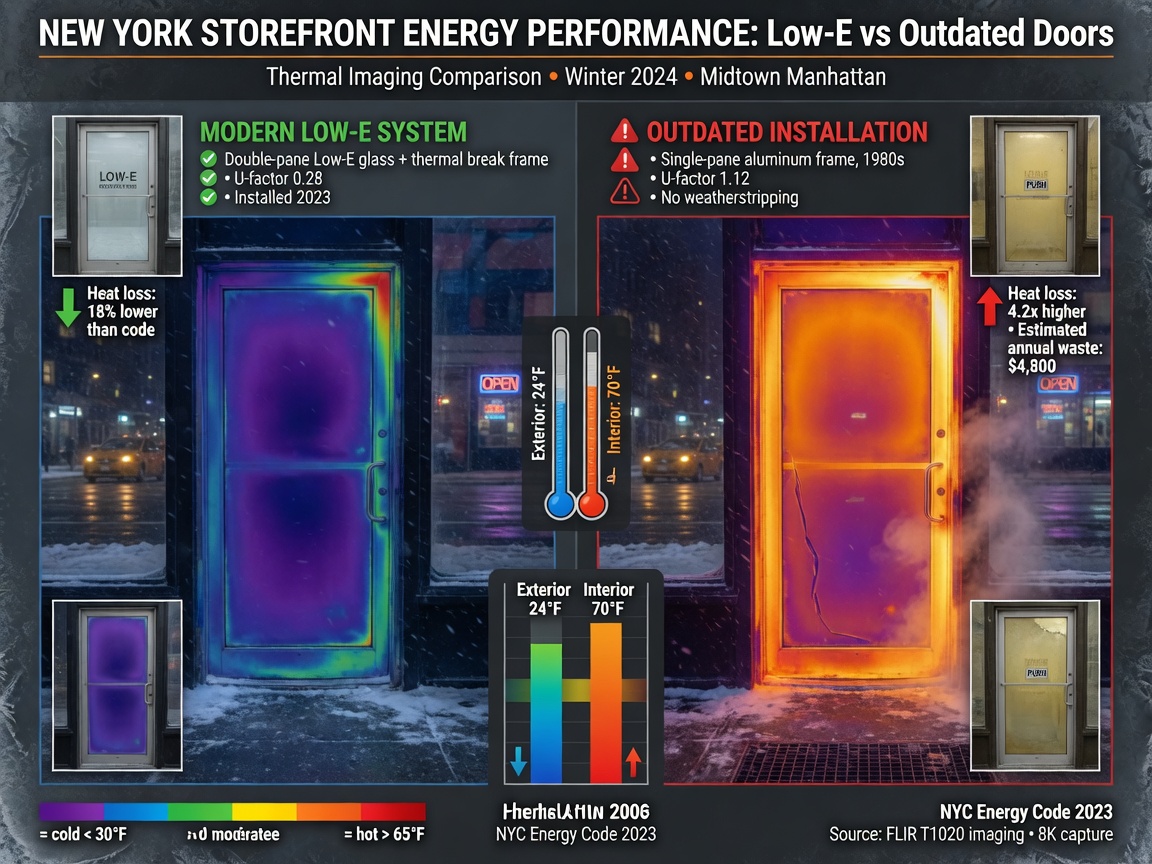 Energy performance comparison thermal imaging of storefront doors in New York, showing modern low-E system versus outdated installation, educational infographic style merged with realistic photography