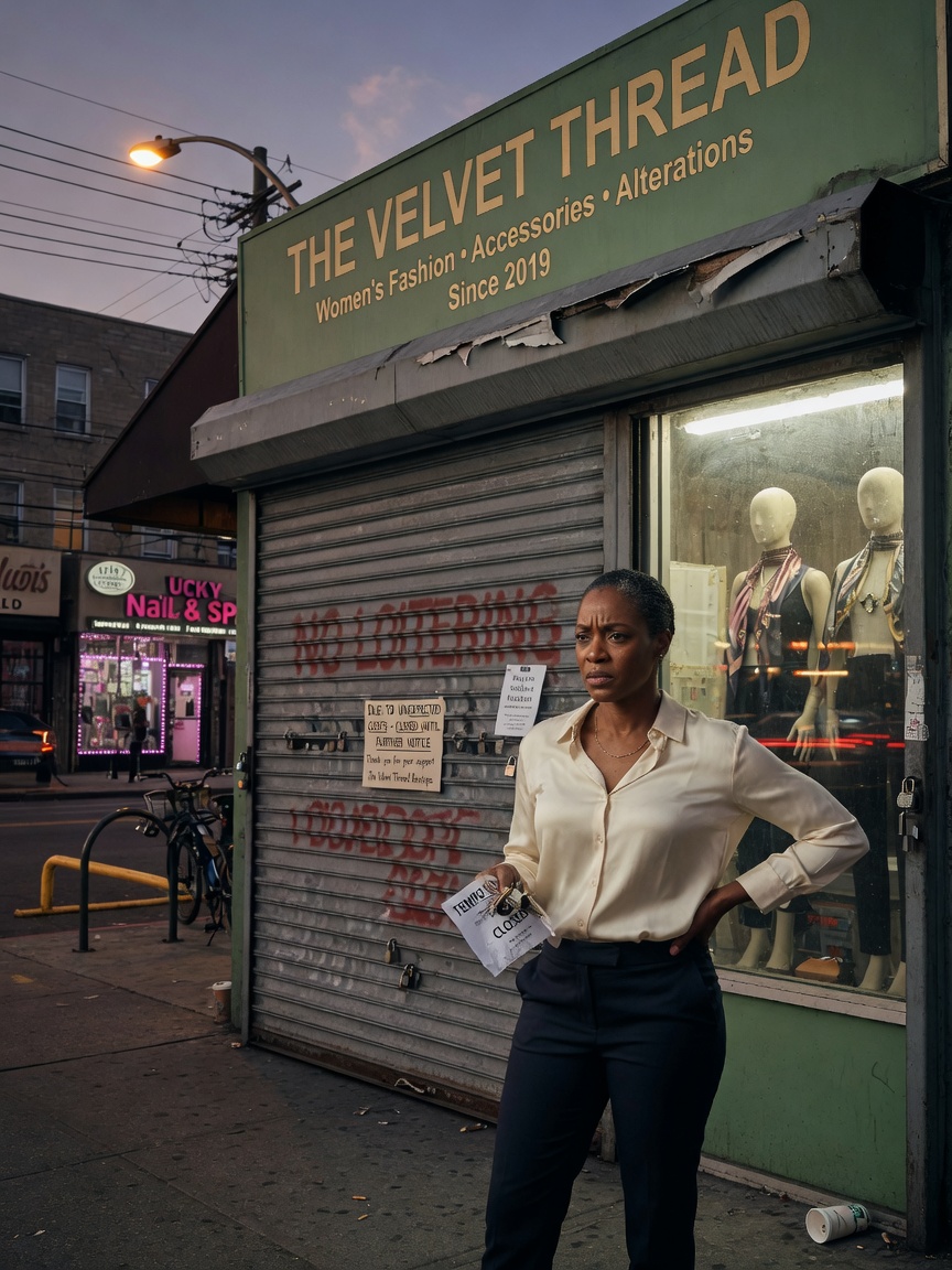 Ultra-realistic 8K image of frustrated small business owner standing in front of their store with solid metal gate, concerned expression, realistic urban environment