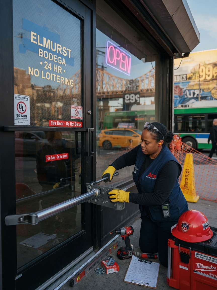 Professional 8K ultra-realistic image of a technician carefully installing fire-rated commercial hardware on a storefront door in Queens, precise tools and safety equipment visible
