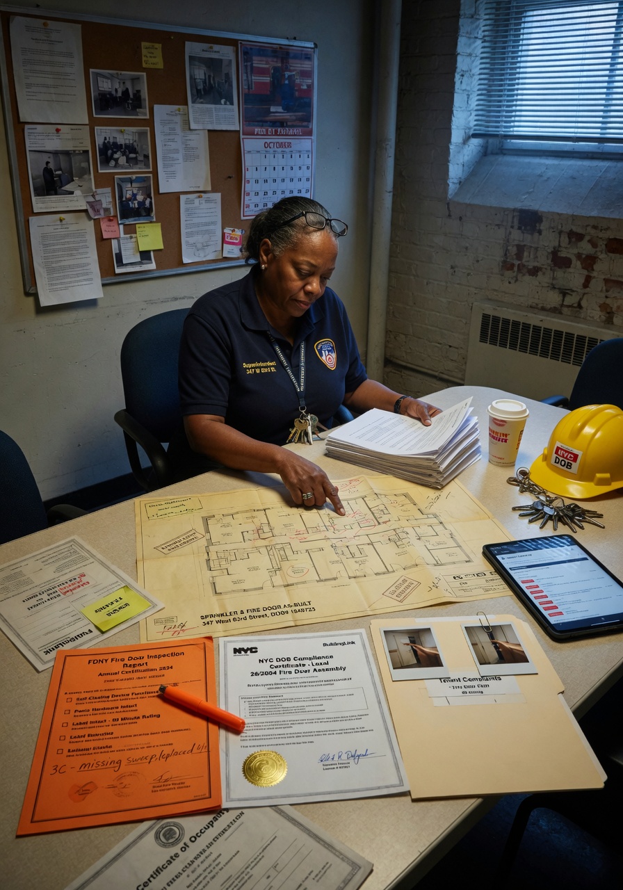 Ultra-realistic 8K photograph of NYC building manager reviewing fire door inspection documents and compliance certificates at a conference table with building plans