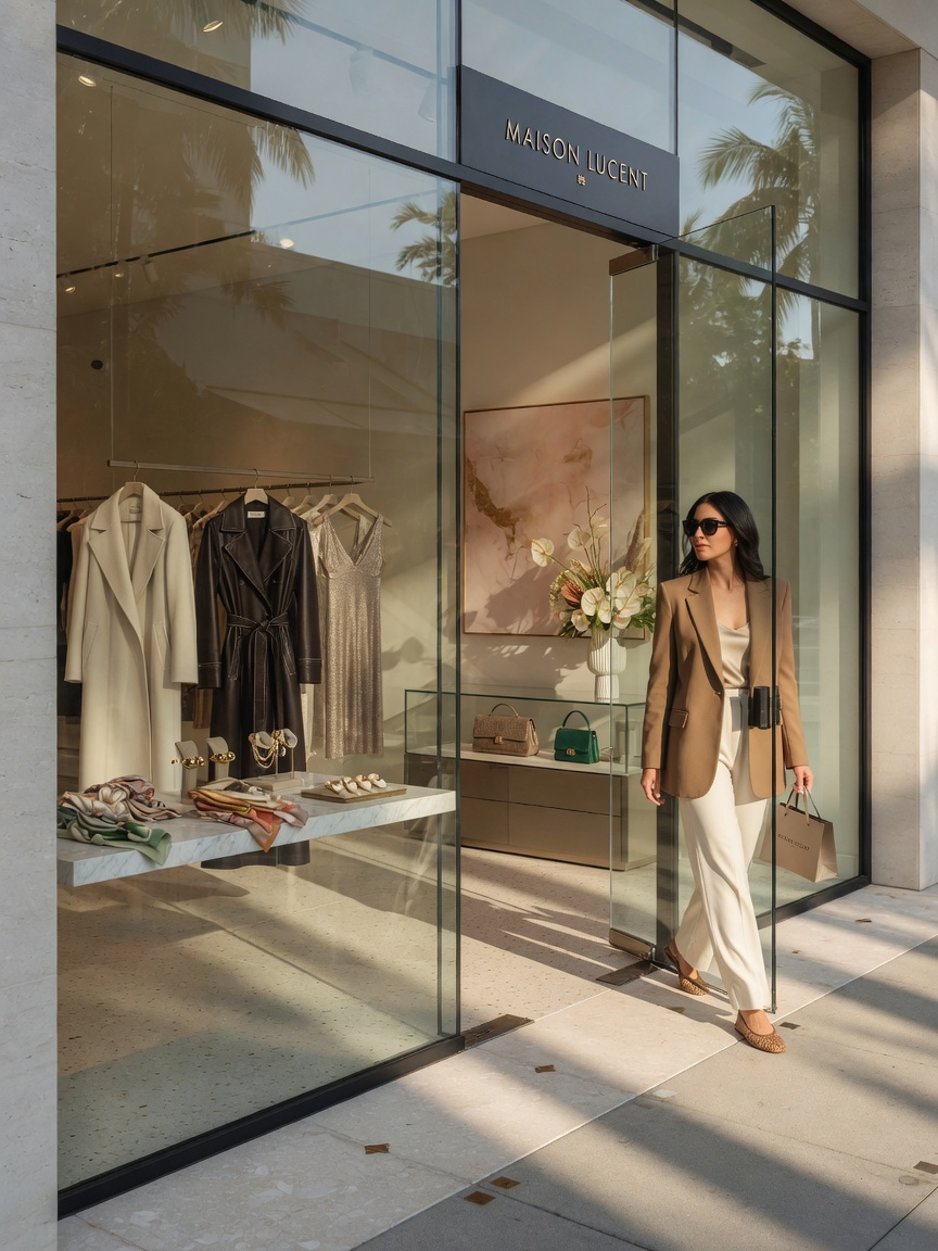 Seamless indoor-outdoor transition through flush threshold modern storefront door in luxury retail space, high-end merchandise visible inside, natural light flooding through, lifestyle commercial photography