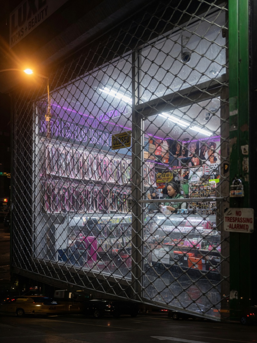 Ultra-realistic 8K night scene of transparent chain-link security gate allowing full view into well-lit NYC retail store interior, high contrast lighting, atmospheric mood
