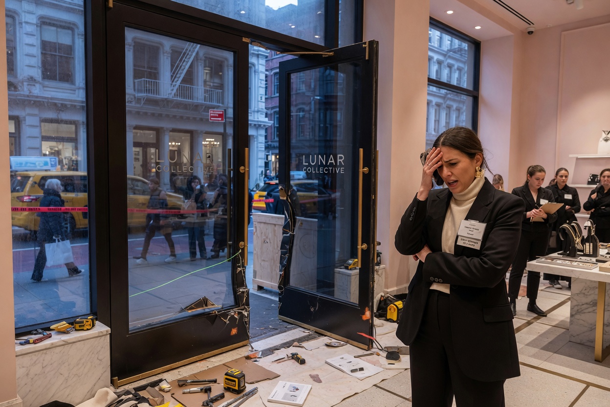 Cinematic 8K photo of an expensive commercial door installation gone wrong with doors not closing properly in a luxury retail space in SoHo, New York, frustrated store owner visible