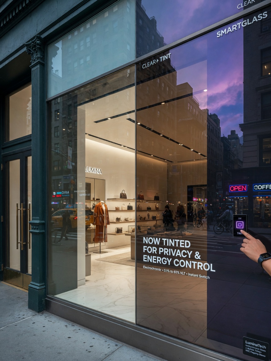 Electrochromic smart glass storefront transitioning from clear to tinted, dramatic before and after effect, modern NYC retail facade, professional product demonstration photography
