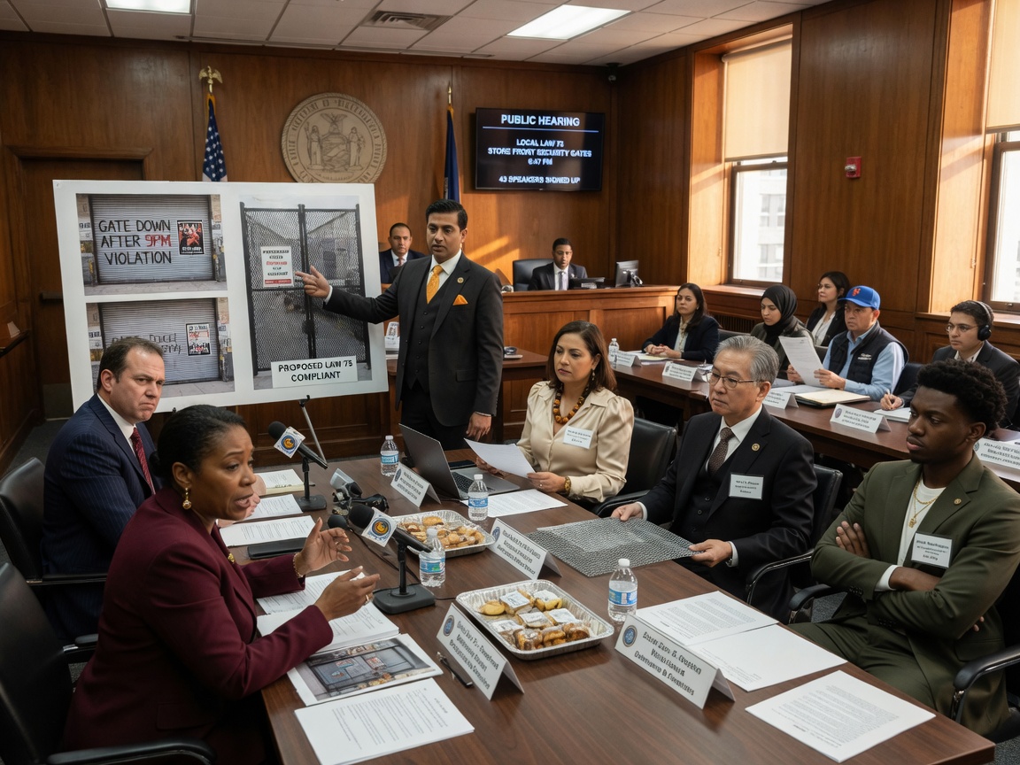 Ultra-realistic 8K photograph of City Council meeting discussing Local Law 75 storefront gate regulations, diverse politicians and business owners present, formal setting