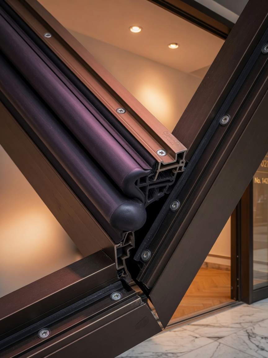 Ultra-realistic 8K close-up of properly installed commercial door weatherstripping and seals in a high-end Manhattan building, perfect craftsmanship details, warm interior lighting