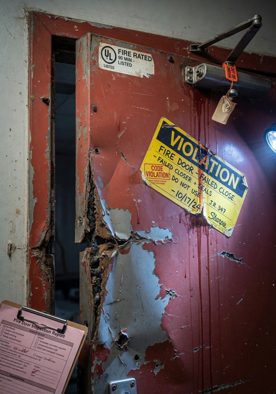 Ultra-realistic 8K close-up of damaged commercial fire door with failed closer, visible code violation, cracked frame, and missing seals, inspection context