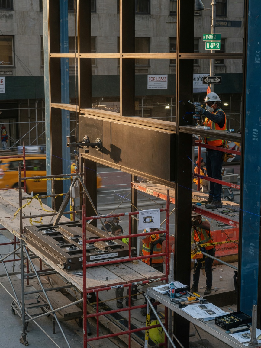 Custom fabricated dark bronze aluminum storefront system being installed in Midtown Manhattan, construction workers, scaffolding, detailed installation process photography, documentary style
