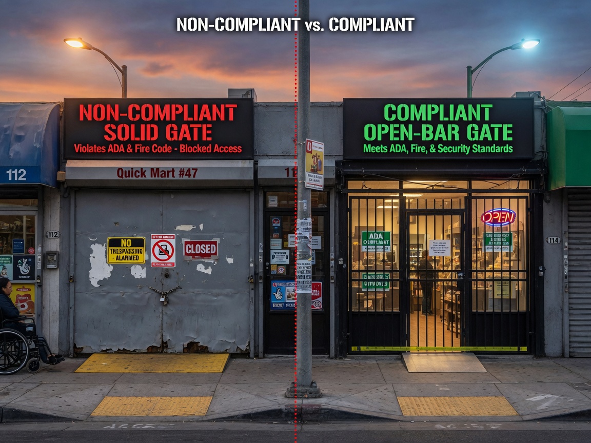 Ultra-realistic 8K image showing detailed comparison of non-compliant solid gate versus compliant open-bar gate side by side on adjacent storefronts, educational style