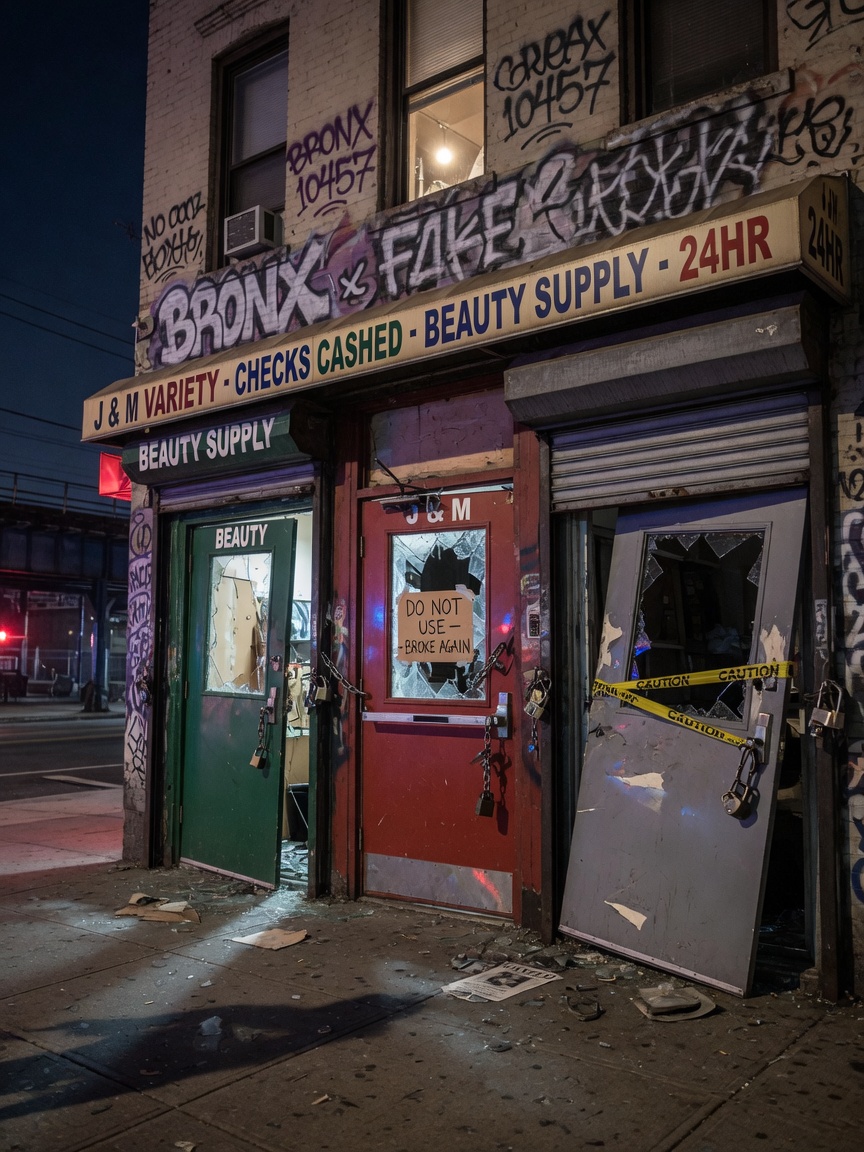 8K dramatic photograph of a commercial building in the Bronx with multiple storefront doors installed incorrectly, causing security issues at night with broken lock mechanisms visible