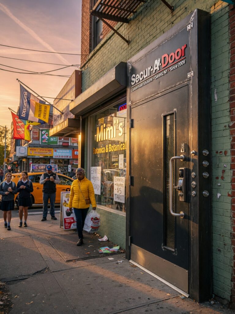Photorealistic 8K image of a modern custom heavy-gauge steel commercial storefront door installed on a busy Queens retail street at golden hour, warm sunlight reflecting off polished hardware, pedestrians walking past, legible 'Secur-A-Door' branding on door, indistinguishable from reality, ultra-detailed textures