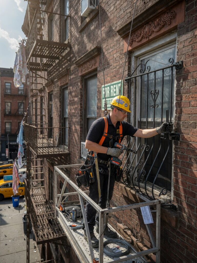Ultra-realistic 8K photograph of a professional technician installing a steel window guard on a classic NYC pre-war brick apartment building, daylight, detailed tools visible, safety harness, highly detailed texture