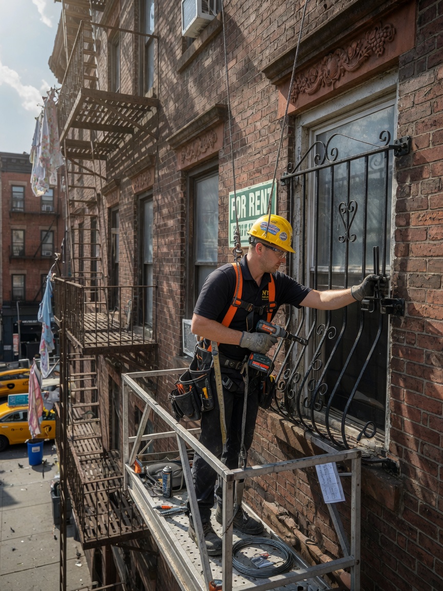 Ultra-realistic 8K photograph of a professional technician installing a steel window guard on a classic NYC pre-war brick apartment building, daylight, detailed tools visible, safety harness, highly detailed texture