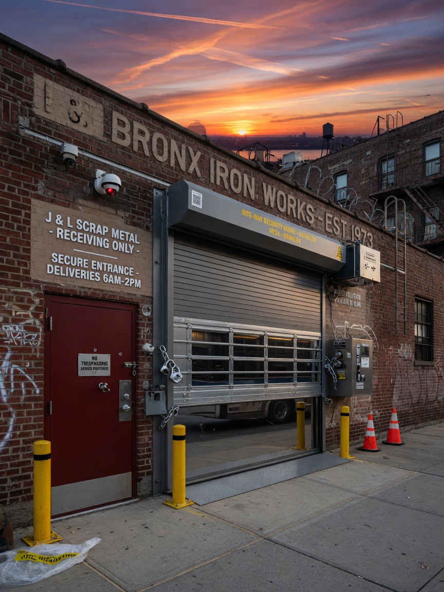 Ultra-realistic 8K photograph of a newly installed custom commercial door system on a Bronx industrial building at sunset, reinforced security features visible, dramatic sky, perfect material textures and depth of field