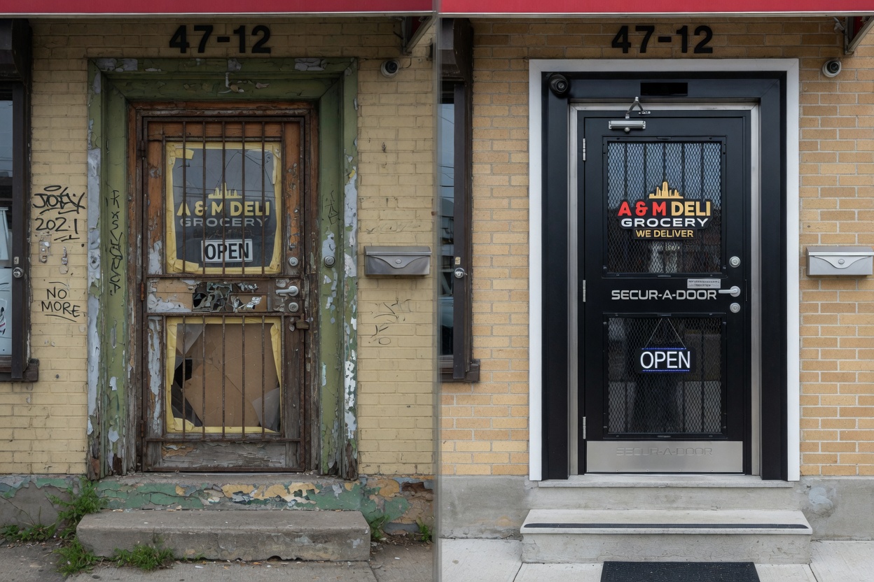 8K ultra-realistic before-and-after split image showing old deteriorating storefront door on left and new custom heavy-gauge Secur-A-Door storm security door on right, same Queens location, natural daylight, documentary style
