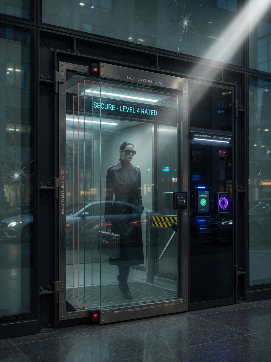 Security layering demonstration with ballistic-rated glass, reinforced steel frame, and access control system integrated into modern building entrance, high-tech appearance