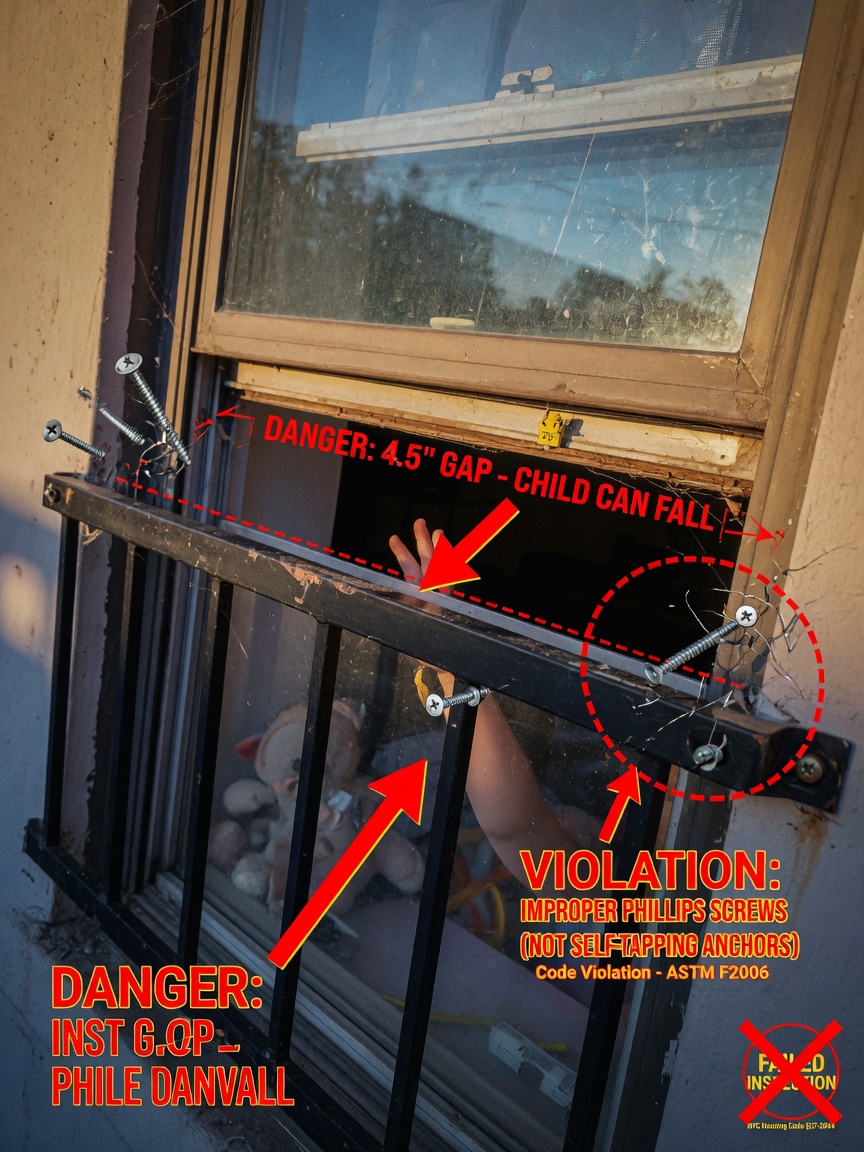 Ultra-detailed 8K image showing improper installation violation with standard Phillips screws and excessive gap above window guard bar, red warning annotations