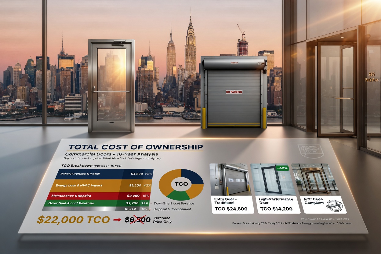Photorealistic 8K image showing Total Cost of Ownership infographic concept with commercial doors, subtle background of New York City skyline at golden hour, professional business aesthetic, clean legible text elements