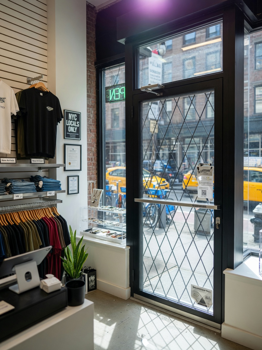 Photorealistic interior view from inside NYC retail store looking out through new full-view storm security door with clear glass panel, bright natural light flooding in, organized merchandise visible, clean professional installation