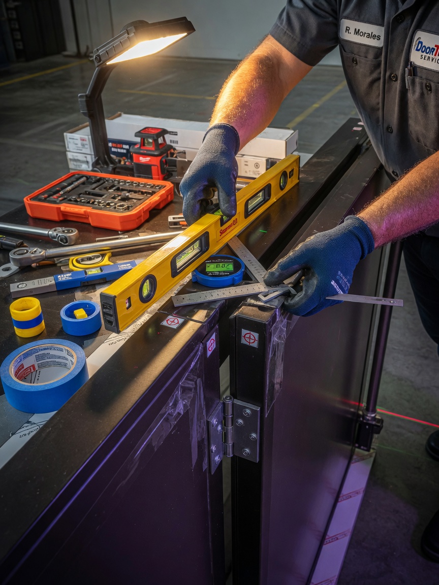 Technician performing final alignment and adjustment on newly installed commercial doors using precision levels and tools, close-up realistic shot