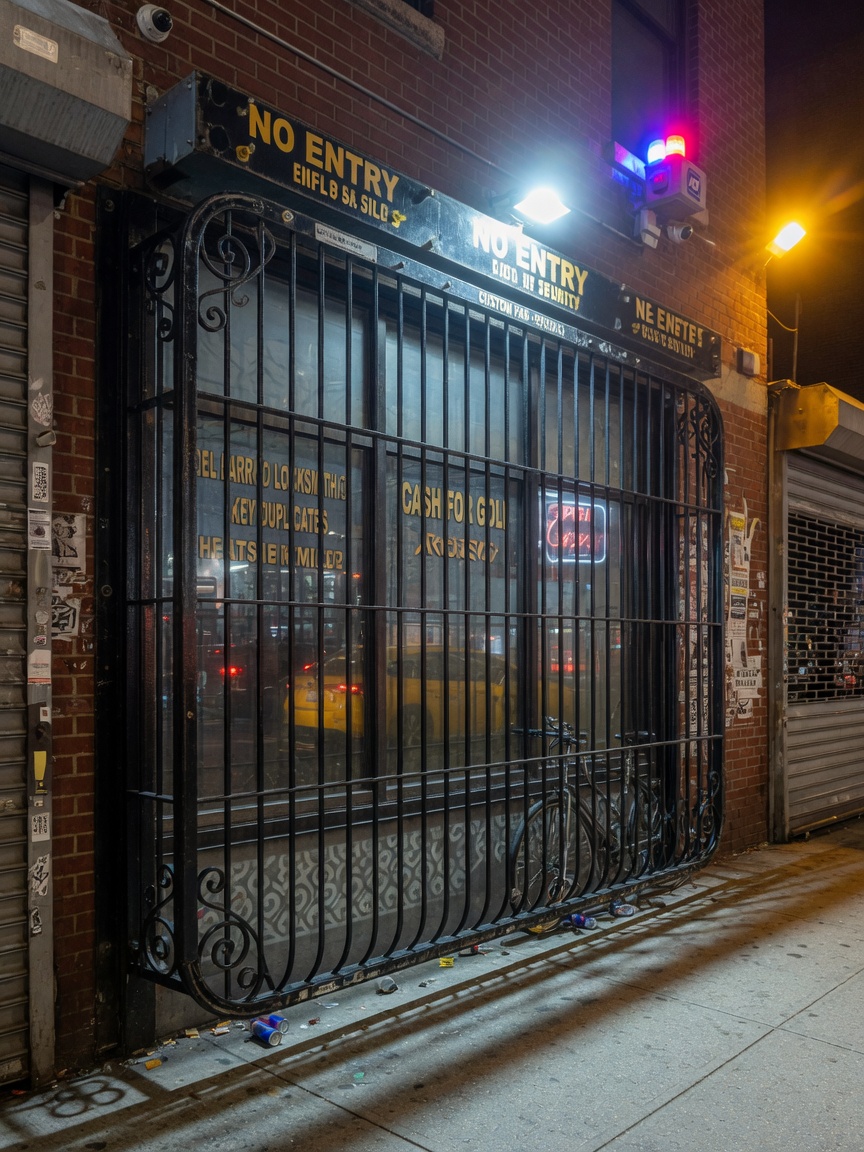 Professional 8K photo of custom fabricated heavy-duty round bar commercial window safety guards on a ground-floor NYC storefront at night with security lighting