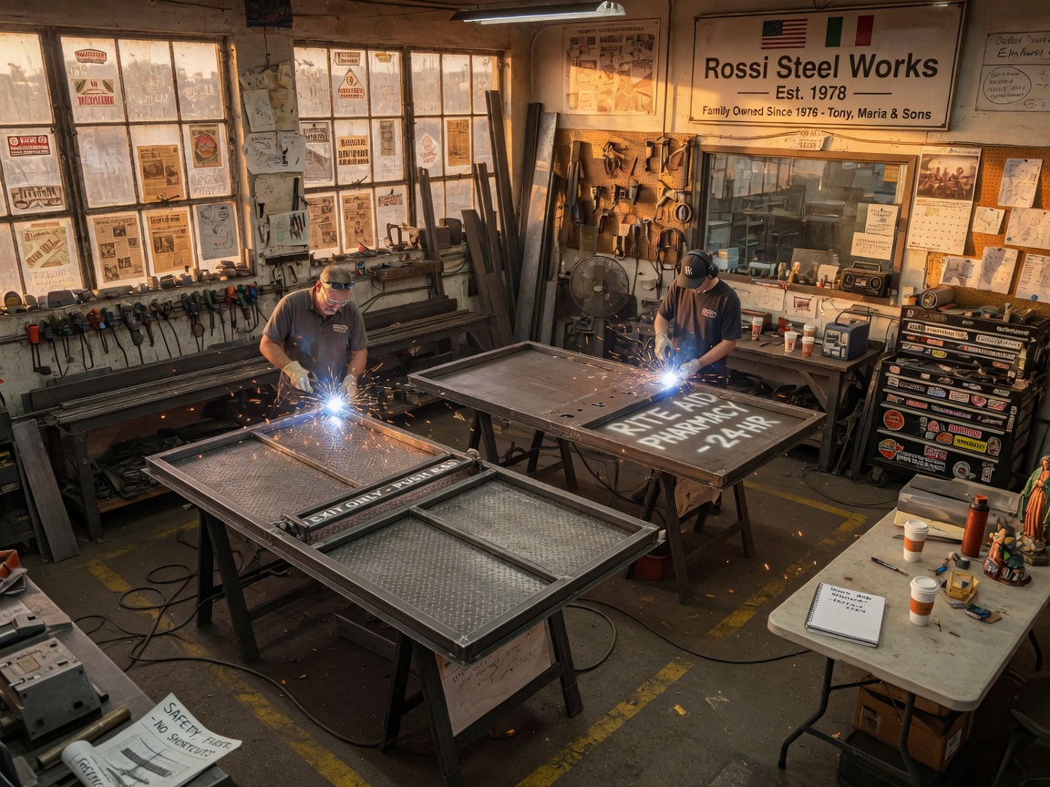 Ultra-detailed 8K photo of a family-owned Queens fabrication shop interior with custom steel commercial doors being manufactured, golden hour light coming through windows, tools and steel materials, authentic workshop atmosphere