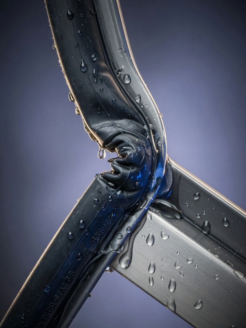 Ultra-detailed 8K macro photograph of weatherstripping compression on custom steel storm door meeting frame, water droplets on exterior surface, demonstrating storm resistance, studio lighting with natural feel
