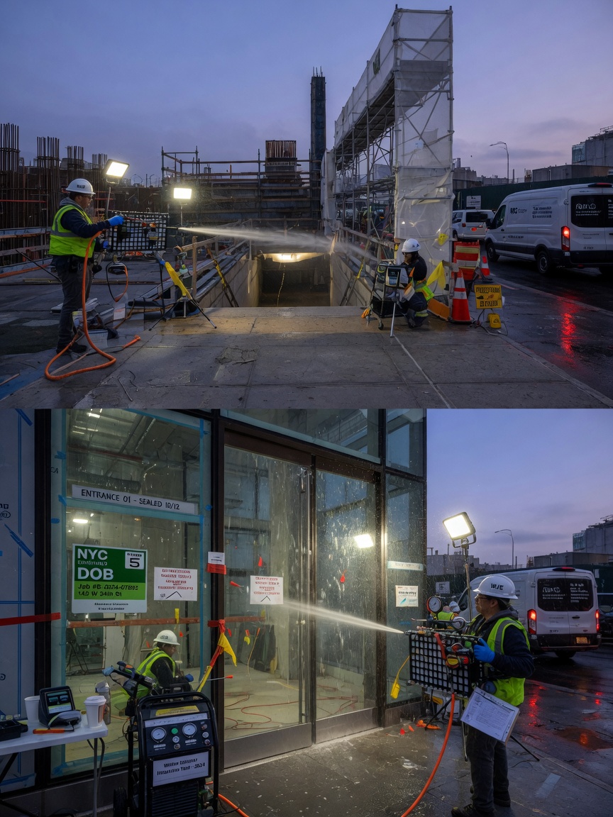 Water penetration testing being conducted on a newly installed building entrance in NYC, professional testing equipment, construction site atmosphere