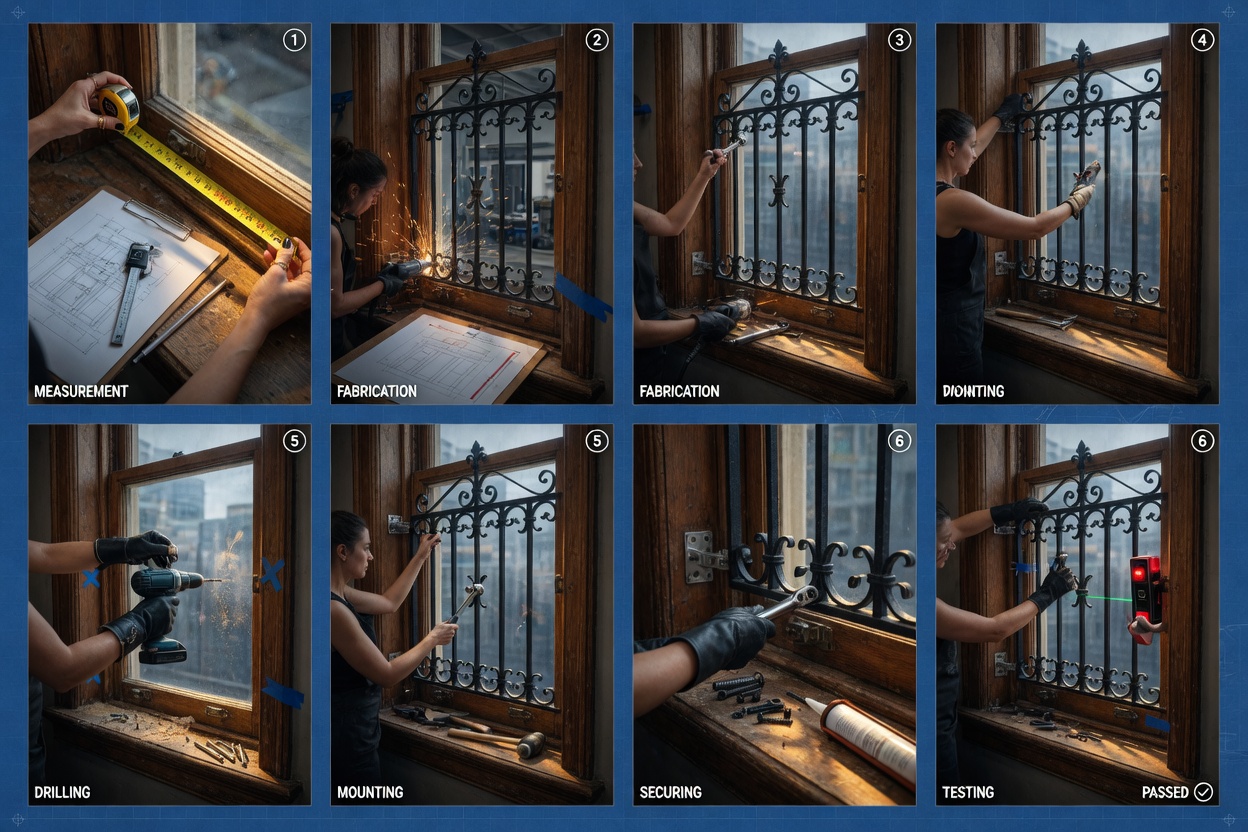 Step-by-step 8K composite image illustrating full window guard installation sequence from measurement to final testing on a wooden window frame, numbered steps
