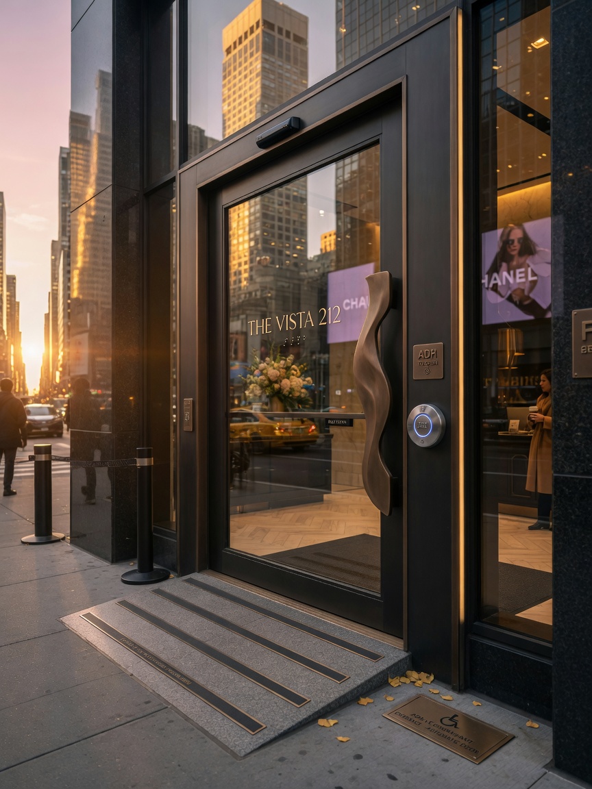 Photorealistic 8K image of a modern ADA compliant commercial entrance with custom door in a Manhattan high-rise at golden hour, elegant accessibility features, high-end architectural details, realistic reflections and materials