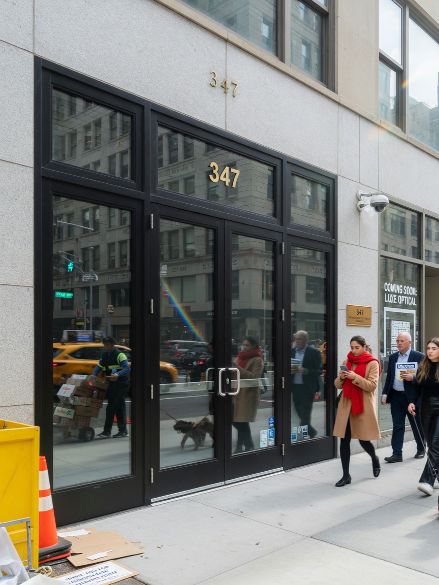 Authentic daytime photograph of newly installed storm security doors on busy Manhattan commercial building ground floor, pedestrians walking past, realistic reflections in glass panels, professional architectural photography