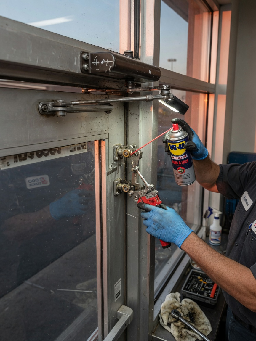 Maintenance technician lubricating commercial storefront entrance hardware, detailed view of pivot points and closer mechanisms, realistic service scene