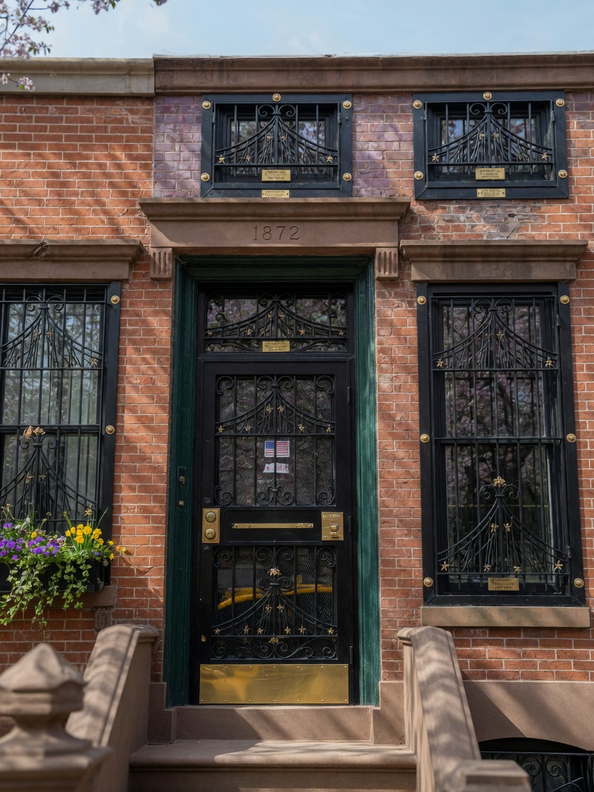 Ultra-realistic 8K photograph of integrated storm security door and matching window guards on a Brooklyn brownstone building, cohesive aesthetic, spring daylight