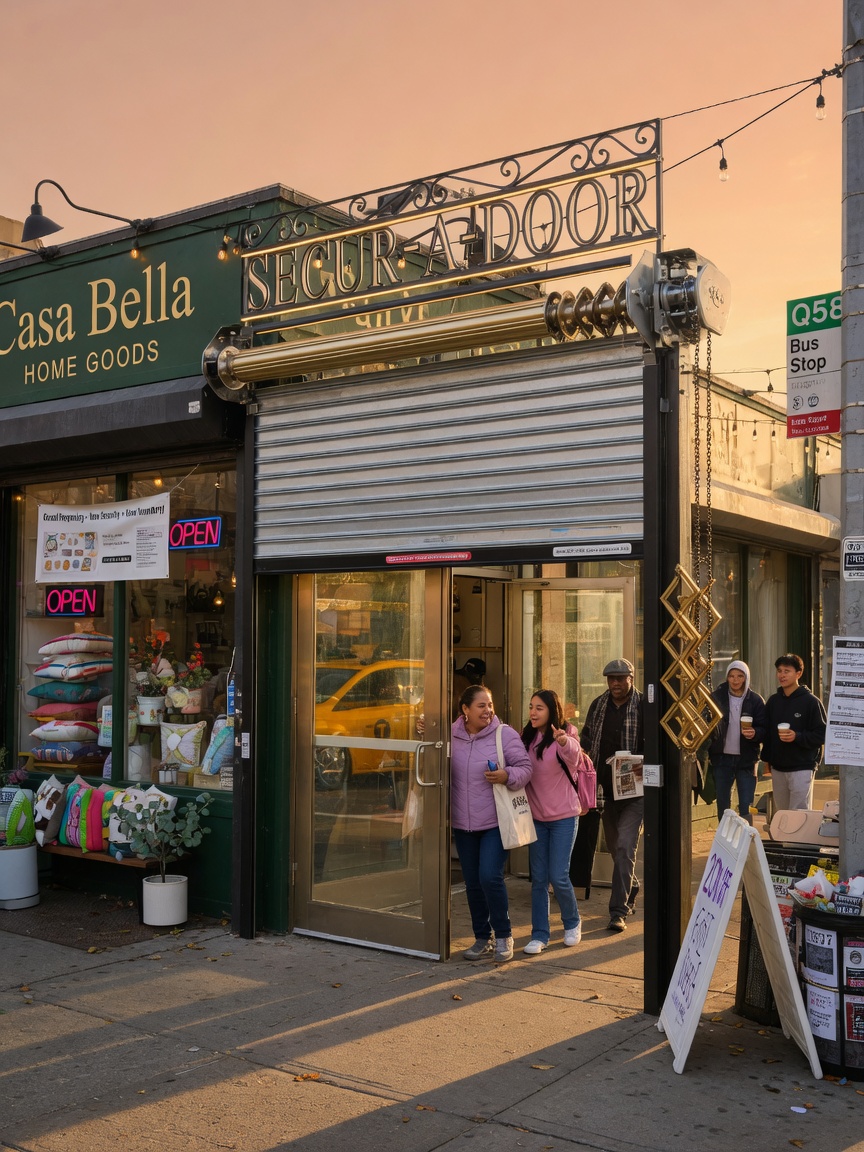 Ultra-realistic 8K photograph of a busy Queens retail storefront at golden hour featuring a brand new custom-fabricated Secur-A-Door system, customers entering, warm inviting atmosphere, perfect realism and detail