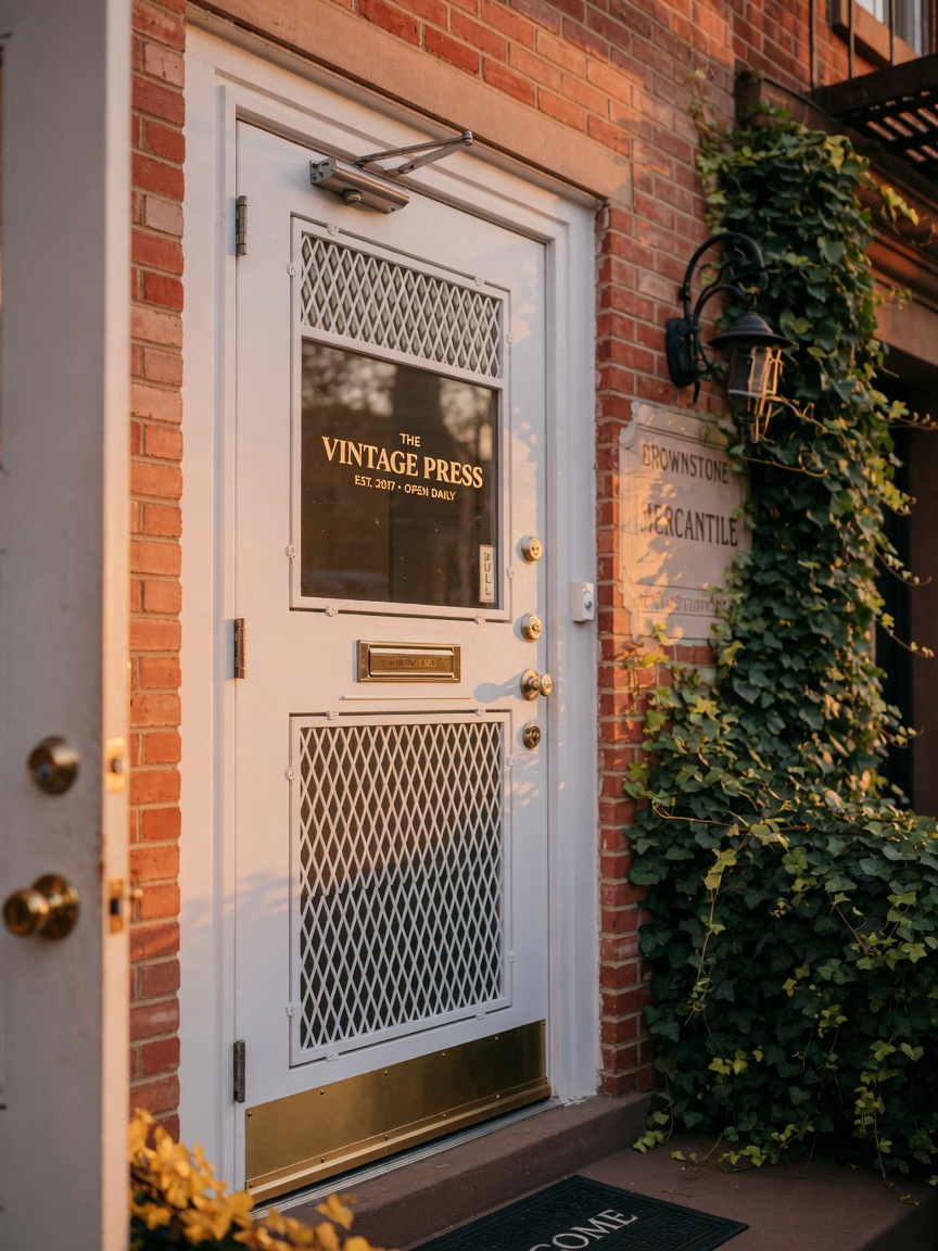 Golden hour shot of custom powder-coated white storm security door on a charming Brooklyn brownstone commercial space, soft warm light, perfect installation details visible, ivy growing on adjacent wall, highly photorealistic