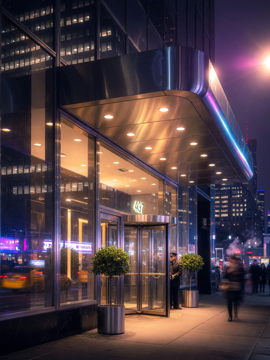 Nighttime view of illuminated commercial building entrance in Manhattan with vision lights glowing warmly, stainless steel reflecting city lights, atmospheric urban photography