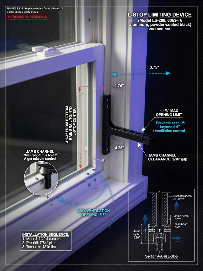 Detailed 8K technical diagram style image of L-stop limiting device installation on double-hung window with precise measurements and annotations, educational blueprint style
