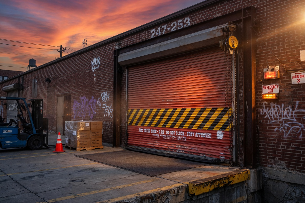 Photorealistic 8K image of reinforced fire-rated roll-up door installed at a Brooklyn warehouse loading dock during sunset, dramatic lighting, industrial realism, impeccable textures and material accuracy