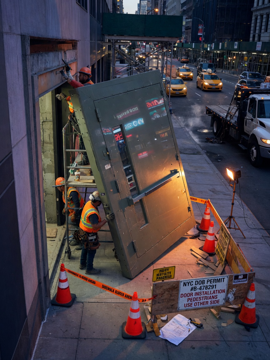 8K cinematic photograph of heavy steel security door during installation in tight Manhattan sidewalk space with traffic cones and temporary signage, realistic urban constraints, professional construction photography