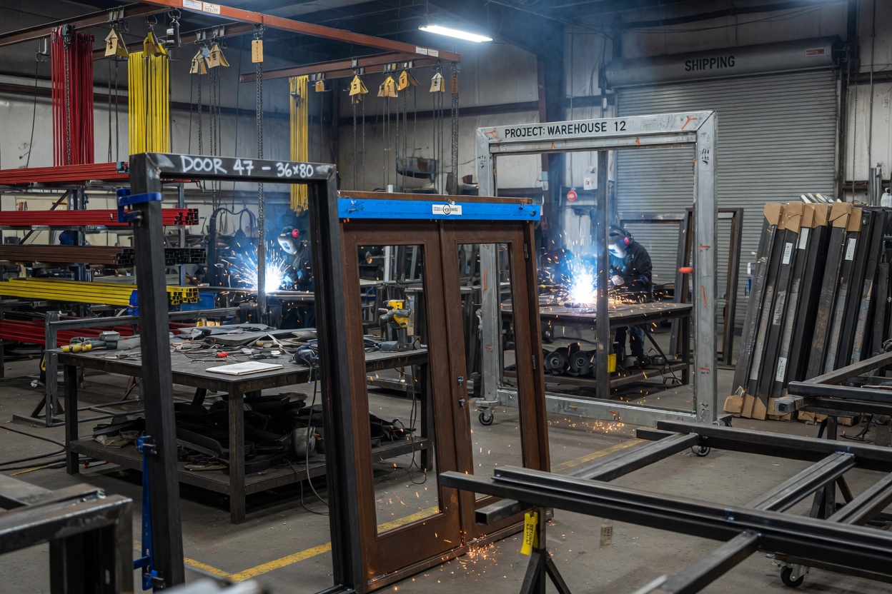 Custom steel frame fabrication shop interior showing multiple door frames in various stages of production, organized industrial setting, realistic 8K detail