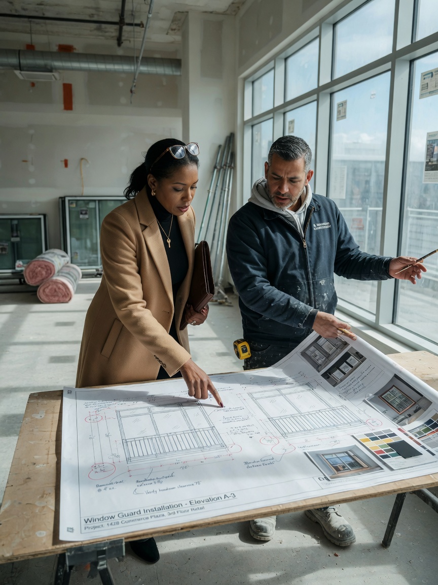 8K image of property manager and contractor discussing window guard installation plans using architectural drawings in an unfinished commercial space, natural light
