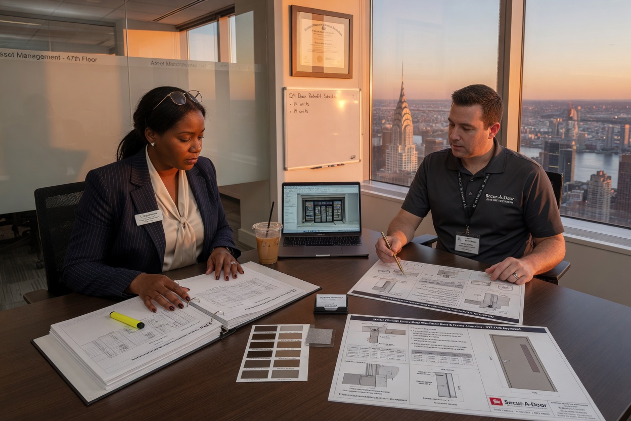Ultra-detailed 8K photo of a property manager reviewing commercial door specifications with Secur-A-Door expert in a Manhattan office overlooking the city at golden hour, professional setting, natural window light