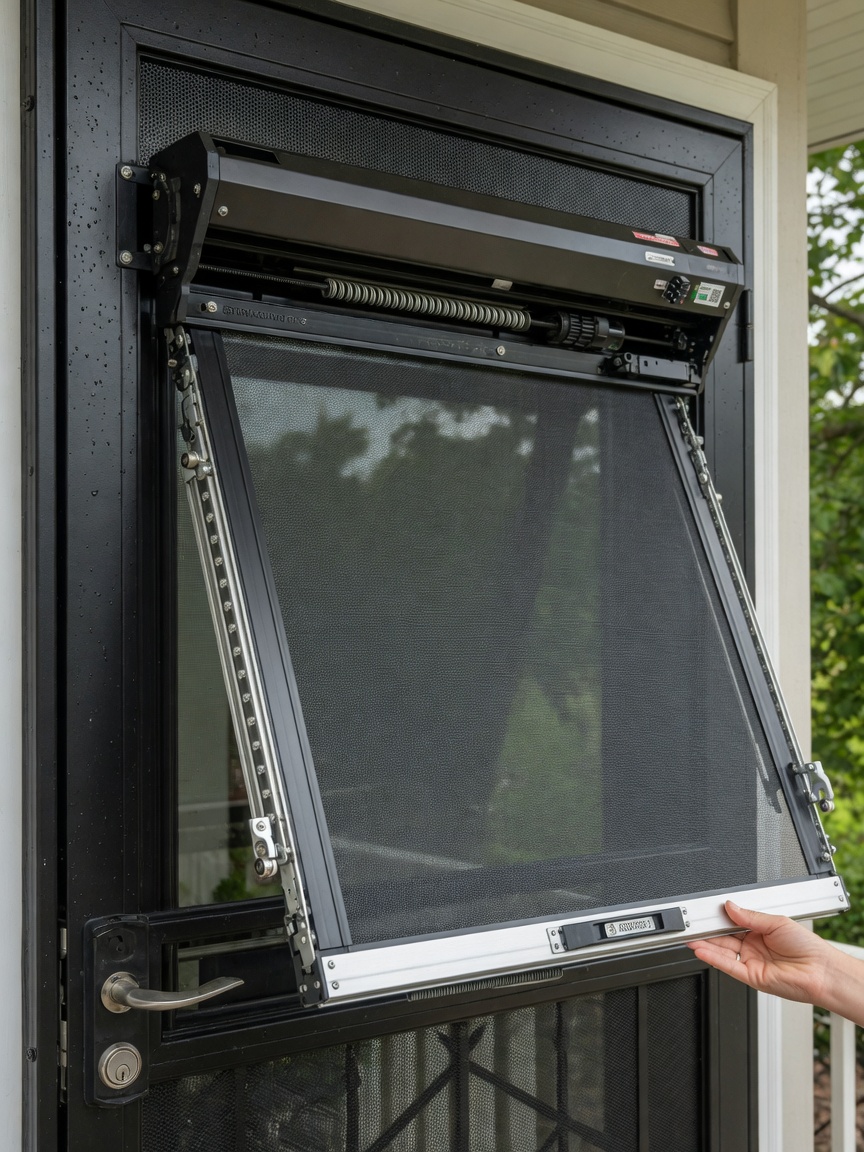 Ultra-realistic close-up of retractable screen mechanism deployed on custom storm security door, natural outdoor lighting, precise engineering details visible, product demonstration style architectural photo