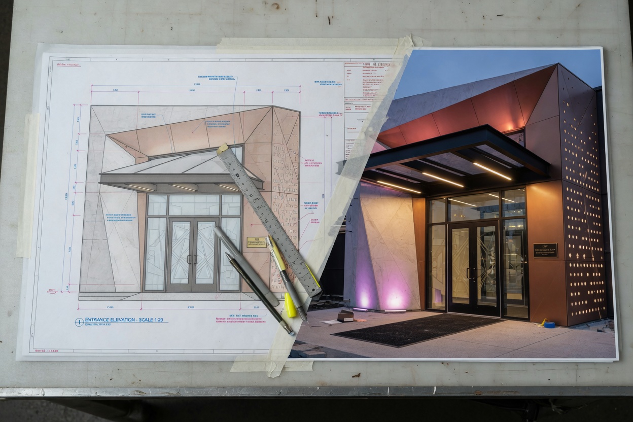 Architectural rendering transitioning into physical installation showing CAD drawing next to completed custom building entrance, conceptual yet realistic